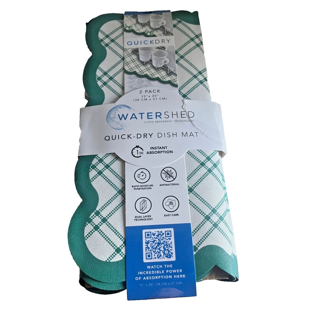 Watershed Quick Dry Kitchen Dish Drying Mat Set Of 2 Green Plaid Rubber Back